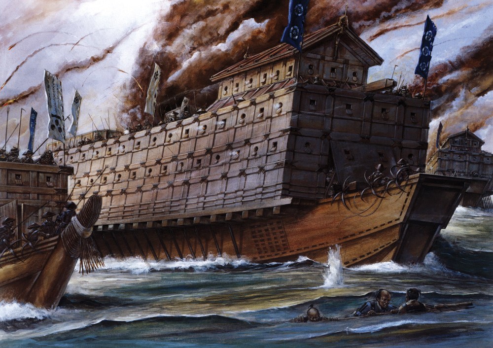 Ilustración conceptual de un Tekkōsen, Atakebune blindado, de Oda Nobunaga